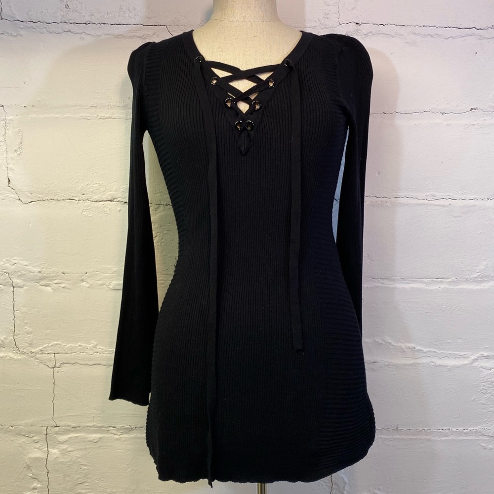 INC International Concepts Black Long Sweater / Dress w Tie Neckline Long Sleeve